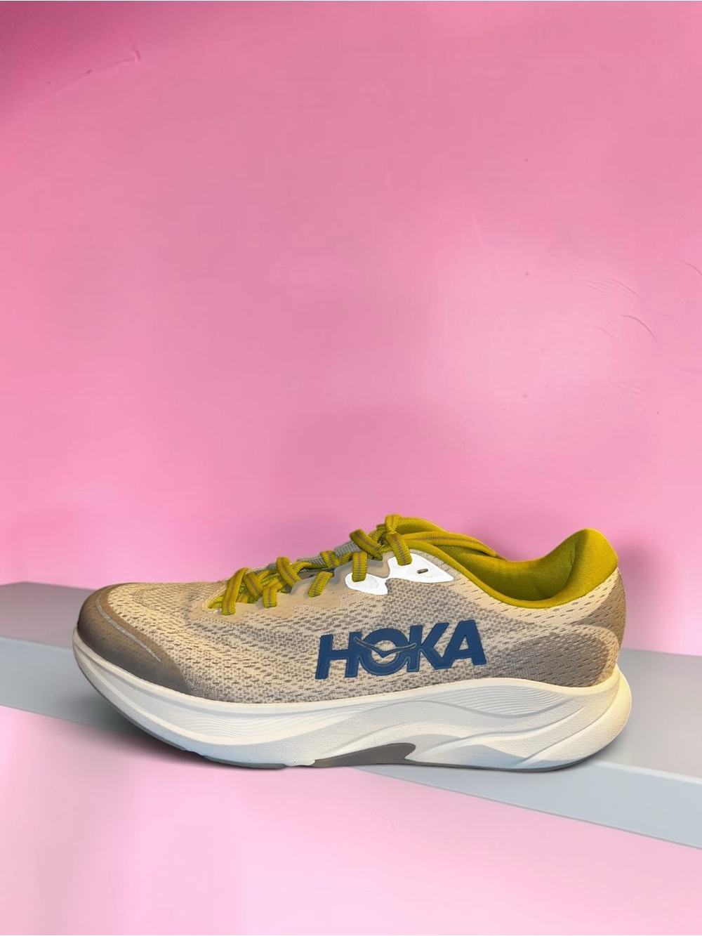 HOKA 7Youth Running Shoe in Beige with Yellow Accents
